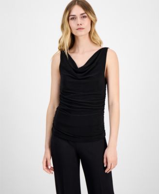 Anne Klein - Women's Ruched Draped-Neck Textured Crepe Knit Top