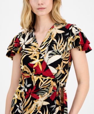 Women's Faux-Wrap Flutter-Sleeve Print Dress