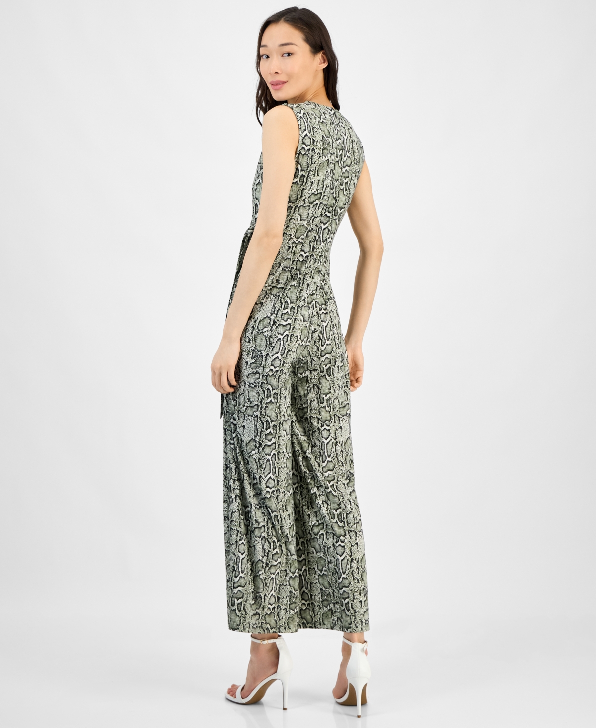 Anne Klein Women's Printed Faux-wrap Sleeveless Wide-leg Jumpsuit In Blue