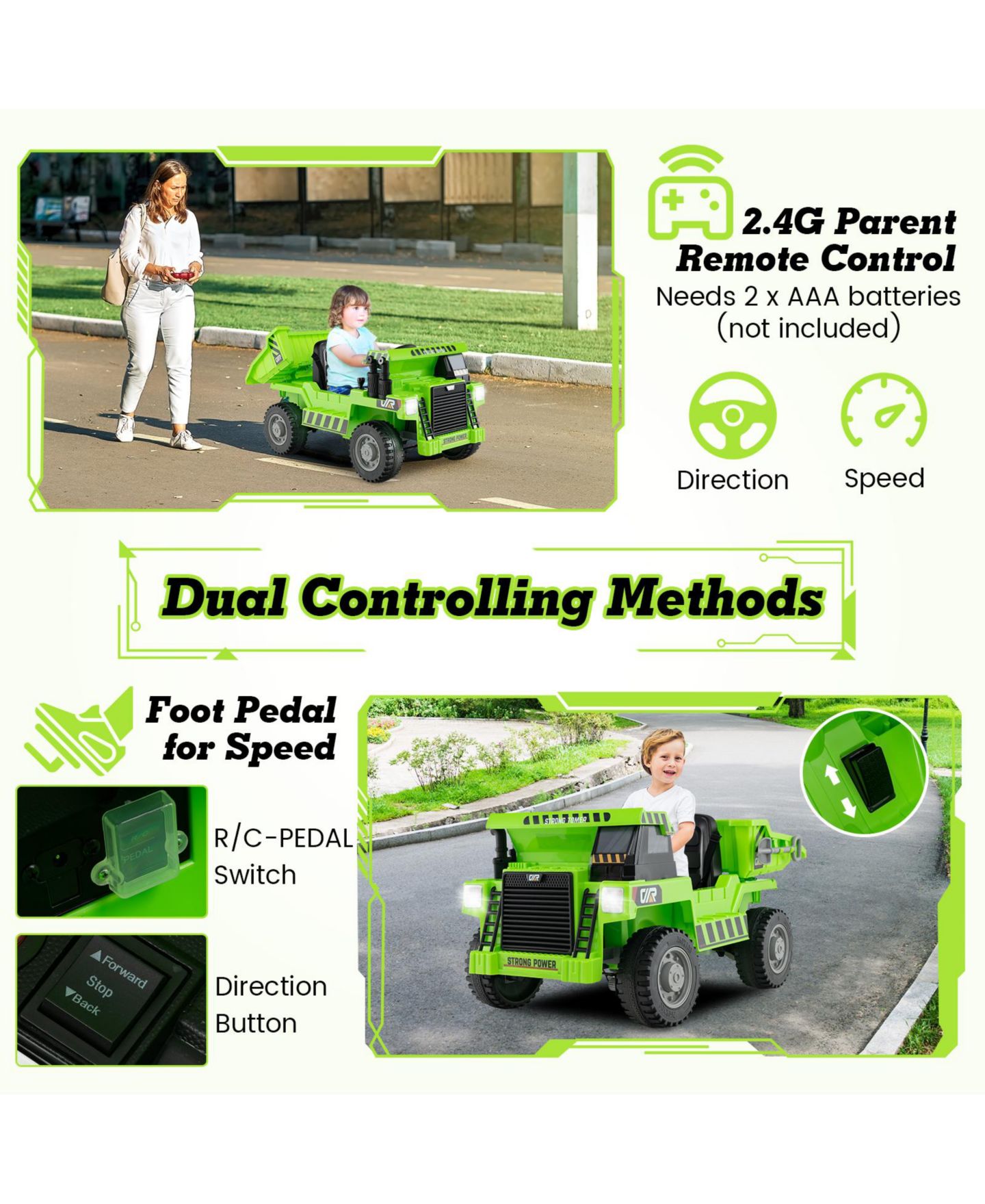 Детская игрушка HONGGE 12V Kids Ride-On Dump Truck with Electric Dump Bed and Remote, цвет: Зелёный — фото 6