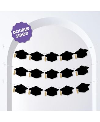 Graduation Cap Garland Banner, 10 Feet of Cord, 15 Black Hats with Gold Tassels