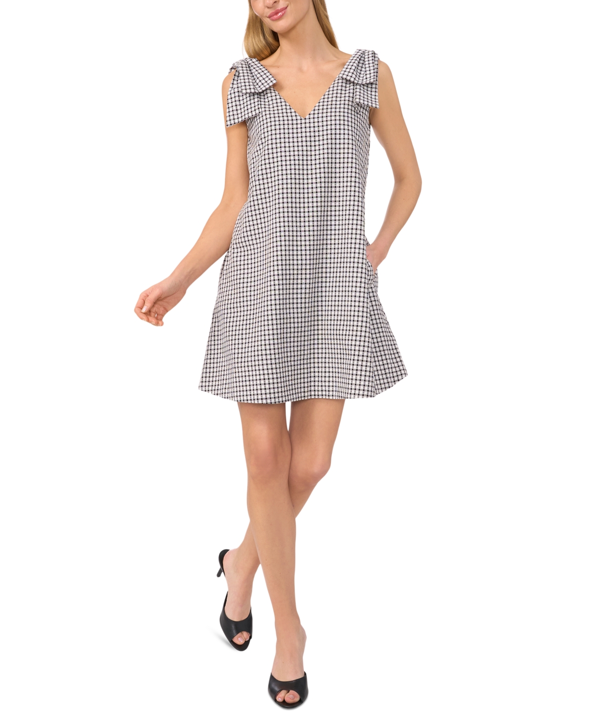 Shop Cece Women's Gingham Bow-shoulder Mini Dress In Rich Black