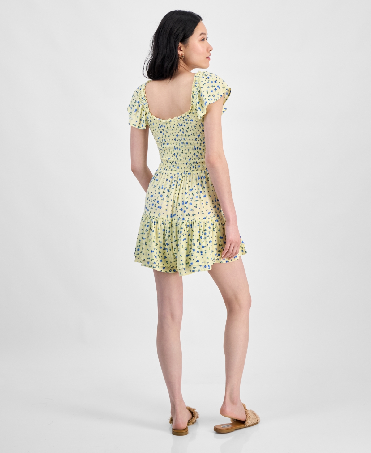 SELF ESTEEM JUNIORS' FLUTTER-SLEEVE SMOCKED RUFFLE-HEM ROMPER 