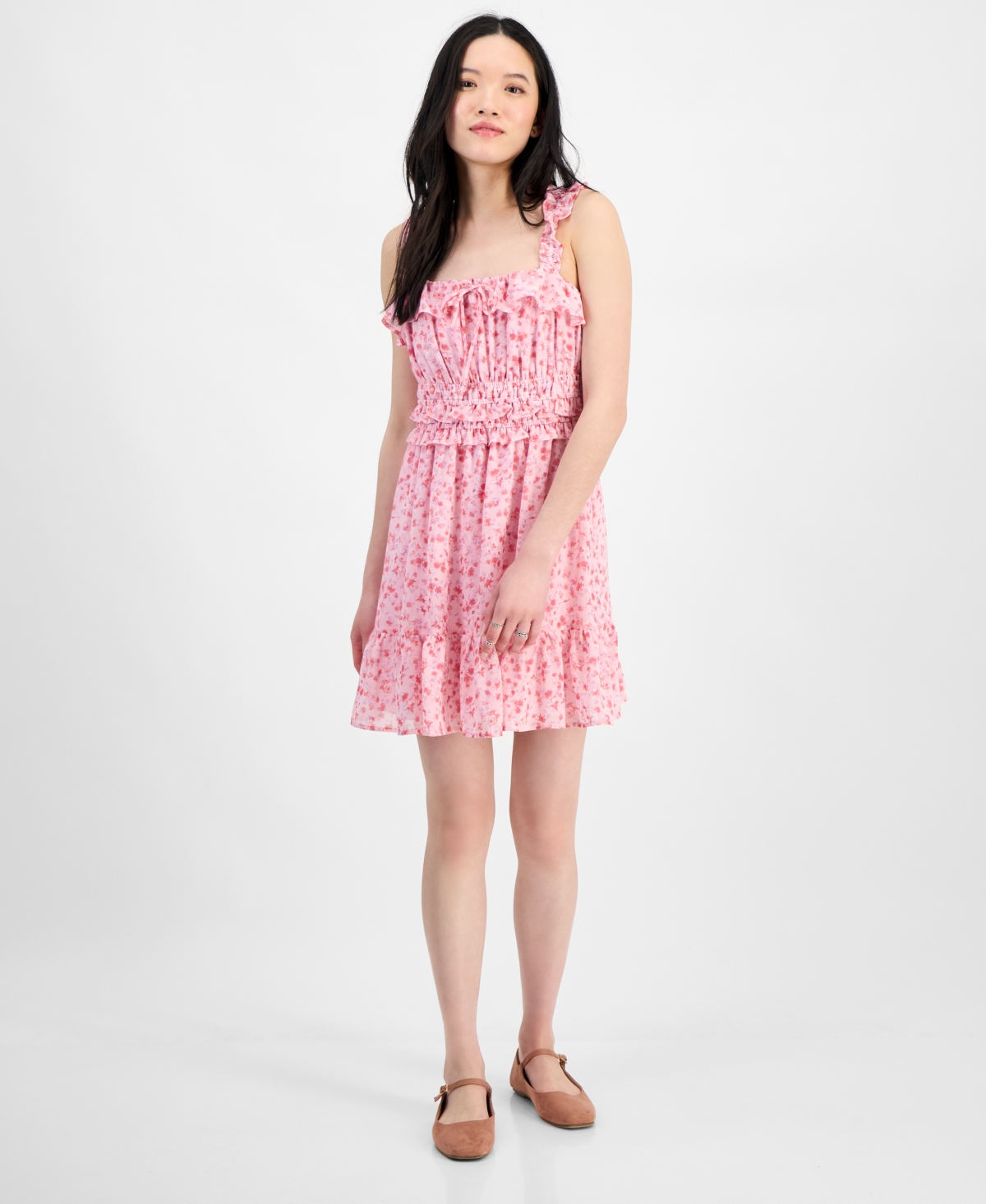 Juniors' Square-Neck Ruffle-Strap Mini Dress - Tender Touch Ditsy