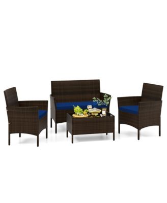 4 Piece Outdoor Wicker Furniture Set Patio Rattan Conversation Set  w /Cushions
