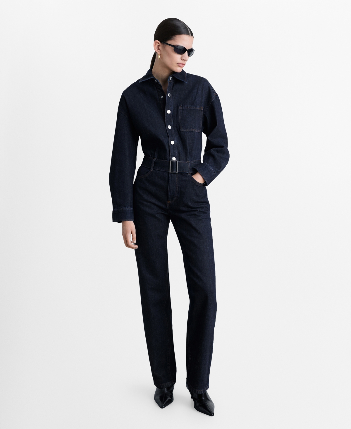 Mango Women's Denim Belted Jumpsuit - Open Blue