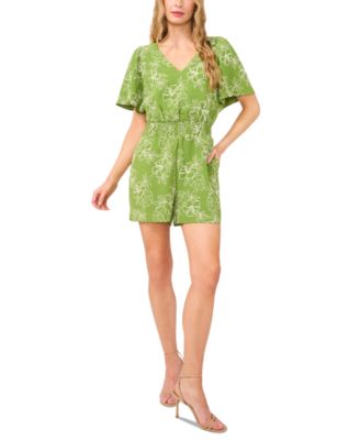 CeCe - Women's V-Neck Smocked-Waist Flutter-Sleeve Romper