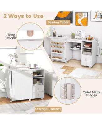 Folding Sewing Table with Charging Station and Storage Shelves