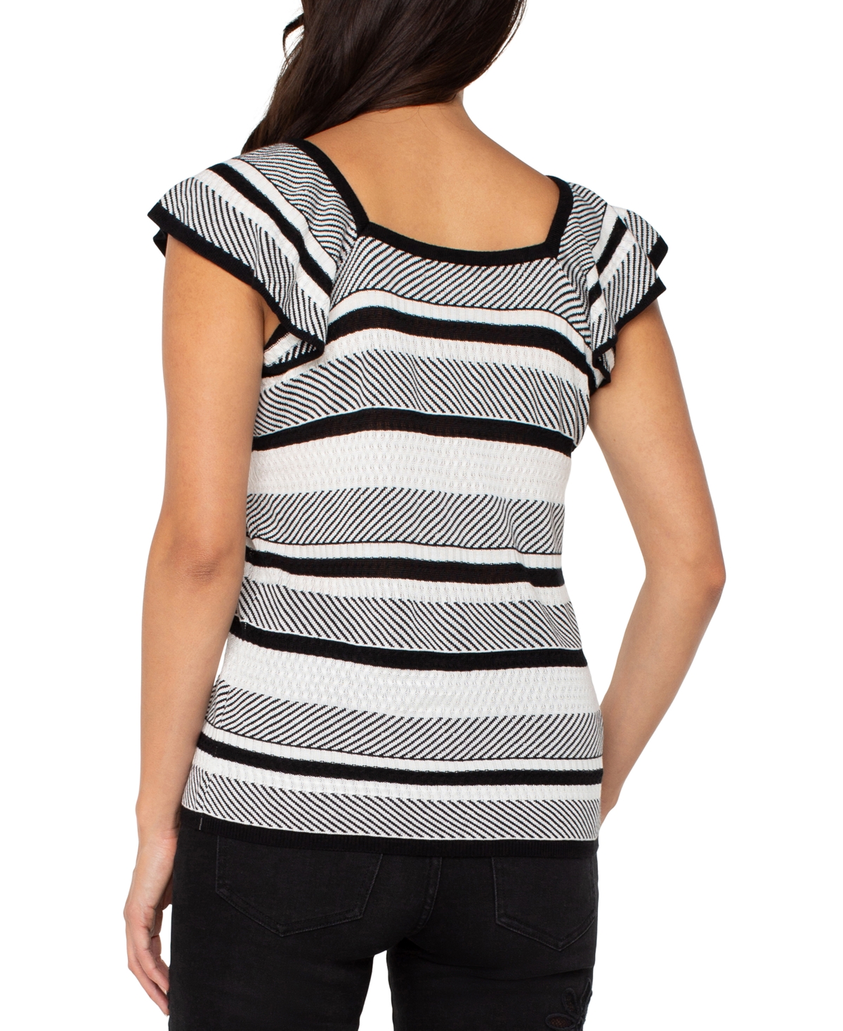 Liverpool Los Angeles Stripe Ruffle Sleeve Sweater In Black,white Stripe