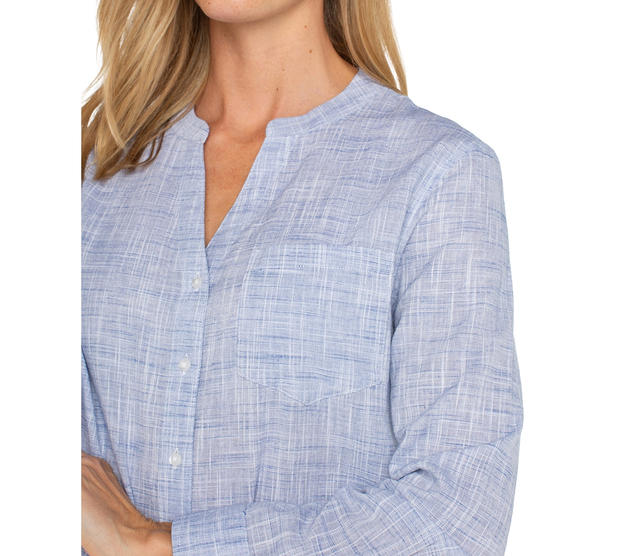 Liverpool Los Angeles Crosshatch Band Collar Cotton Button-up Shirt In Blue,white Crosshatch