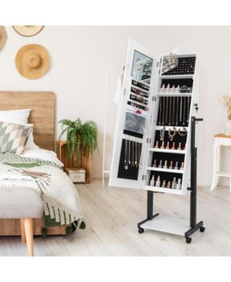 3-Color 46 LED Lights Mirror Jewelry Cabinet Armoire Adjustable Height with Wheels