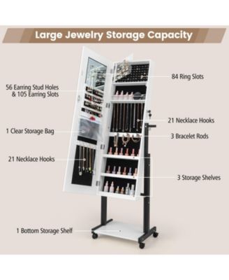 3-Color 46 LED Lights Mirror Jewelry Cabinet Armoire Adjustable Height with Wheels