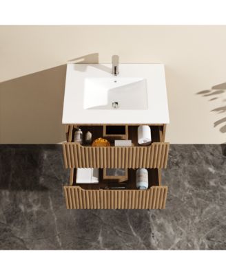 24" Wall Mounted Walnut Bathroom Vanity Cabinet with White Basin Sink Combo Floating