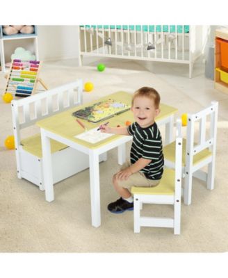 4 Pieces Kids Wooden Activity Table and Chairs Set with Storage Bench and Study Desk