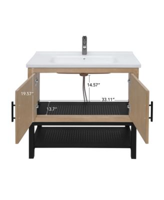 36" Bathroom Vanity with White Ceramic Sink & Faucet,Freestanding Bathroom Cabinet with 2 Storage Doors and Open iron Shelf