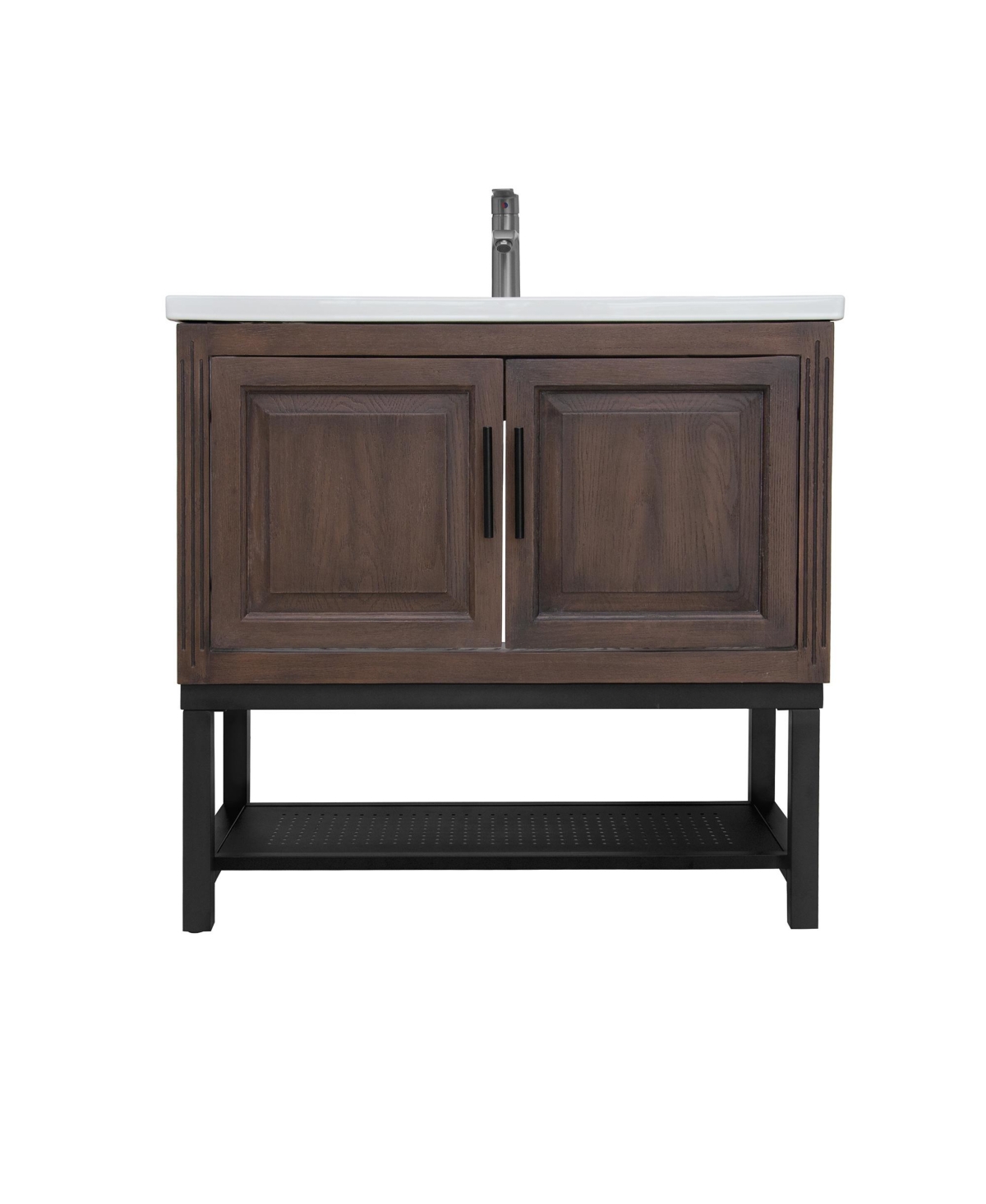 36" Bathroom Vanity with White Ceramic Sink & Faucet,Freestanding Bathroom Cabinet with 2 Storage Doors and Open iron Shelf - Brown