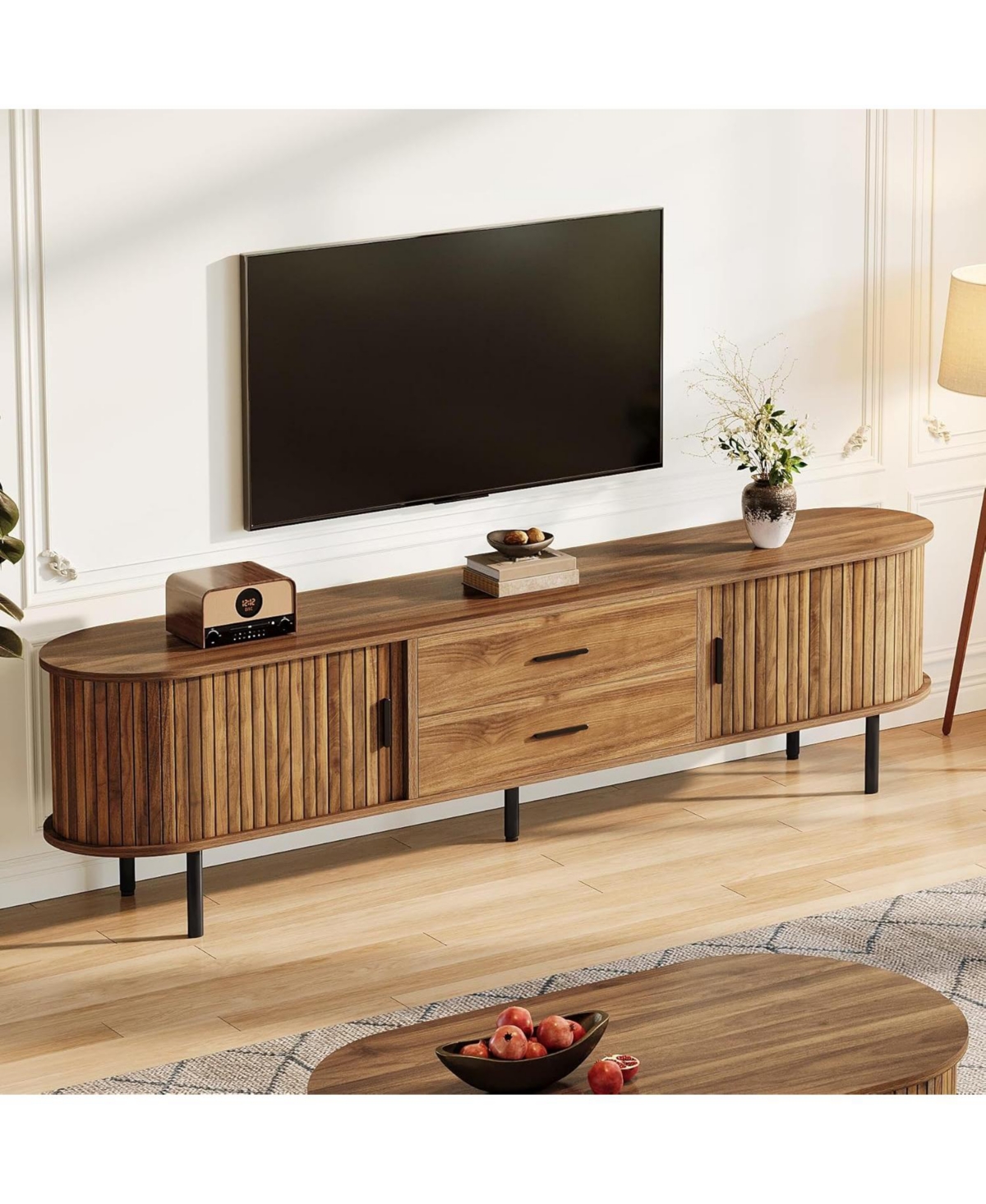 Tribesigns 70" Mid-Century Modern Tv Stand for 75" Tv, Fluted Entertainment Center with Sliding Tambour Doors, Drawers and Adjustable Shelves, Walnut