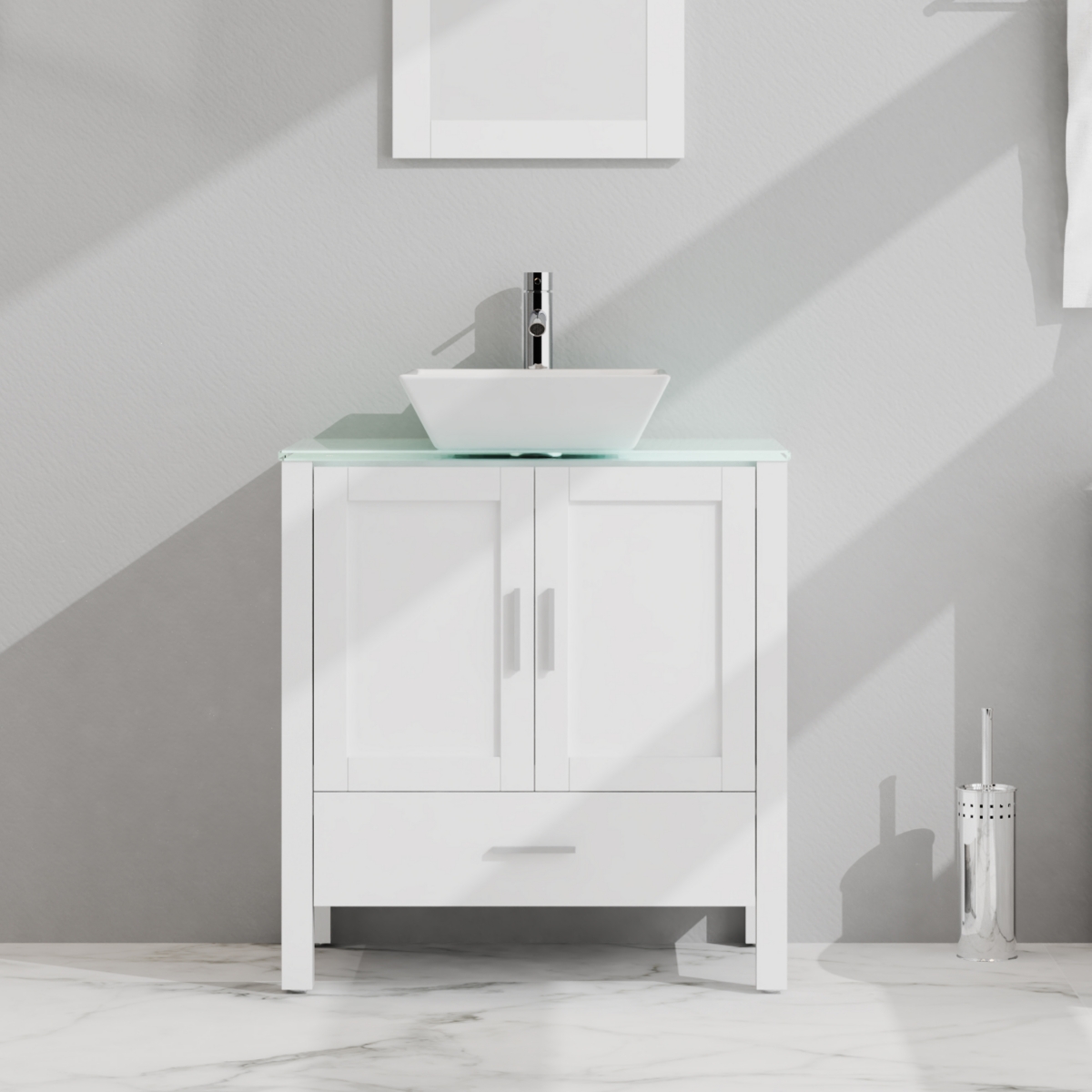 30" White Bathroom Vanity and Sink Combo Glass Top Cabinet With Mirror - White