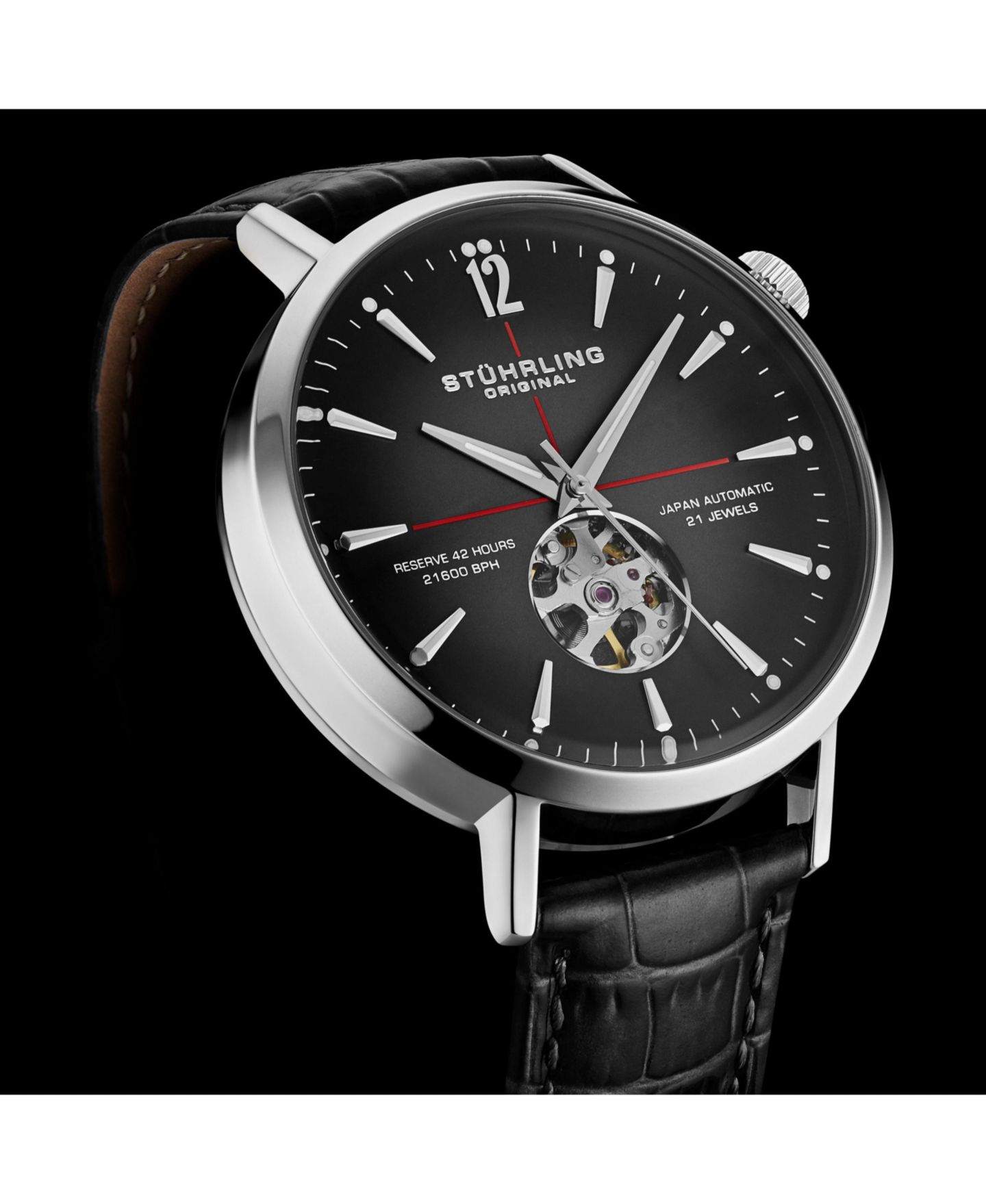 Мужские часы Stuhrling 1021 Quasar Skeleton Automatic 42mm Watch, цвет: Чёрный — фото 6
