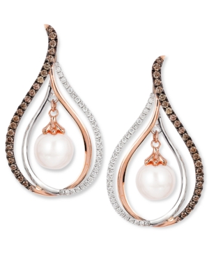 image of Le Vian Chocolatier Fresh Water Pearl (8mm) and Diamond (7/8 ct. t.w.) Drop Earrings in 14k White and Rose Gold