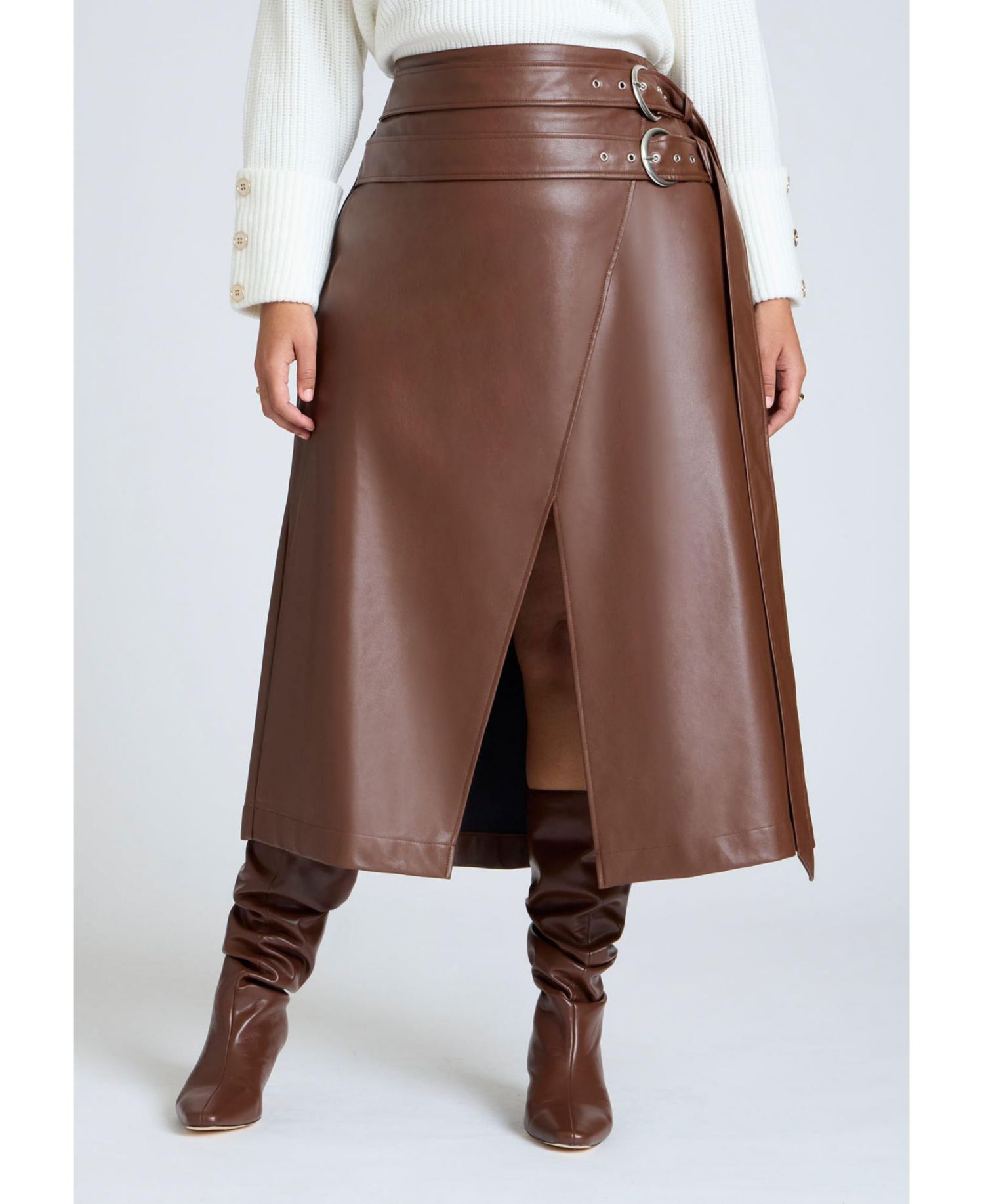 Women's Double Belt Wrap Faux Leather Skirt