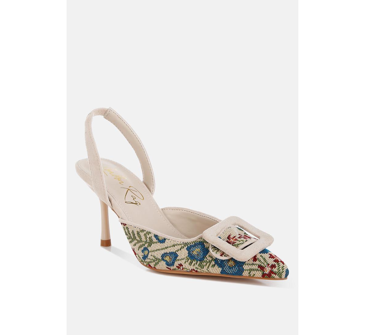 Miraya Embroidered Buckle Detail Stiletto Heels - Beige