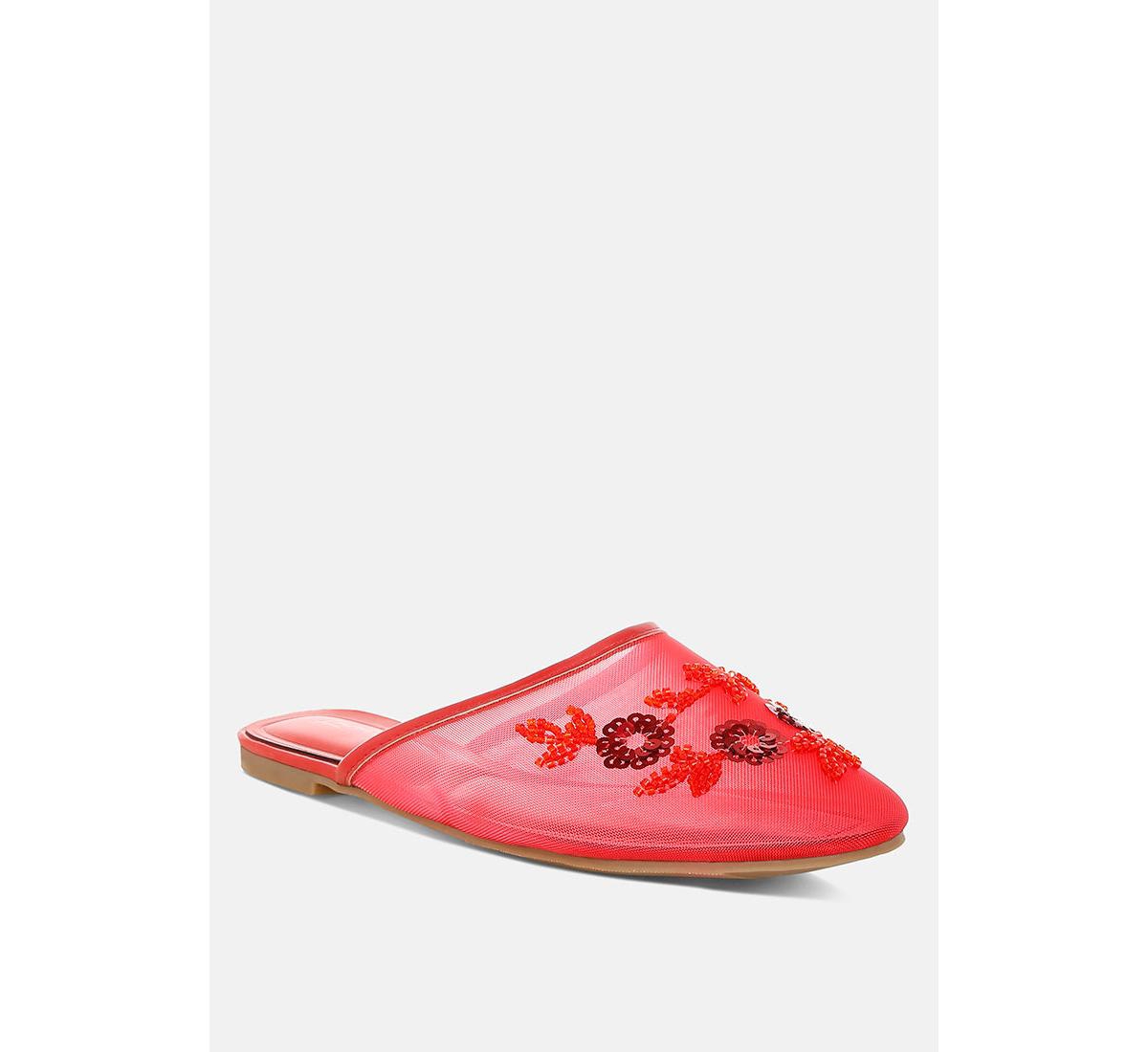 Nahra Mesh Sequin Beaded Mules - Red