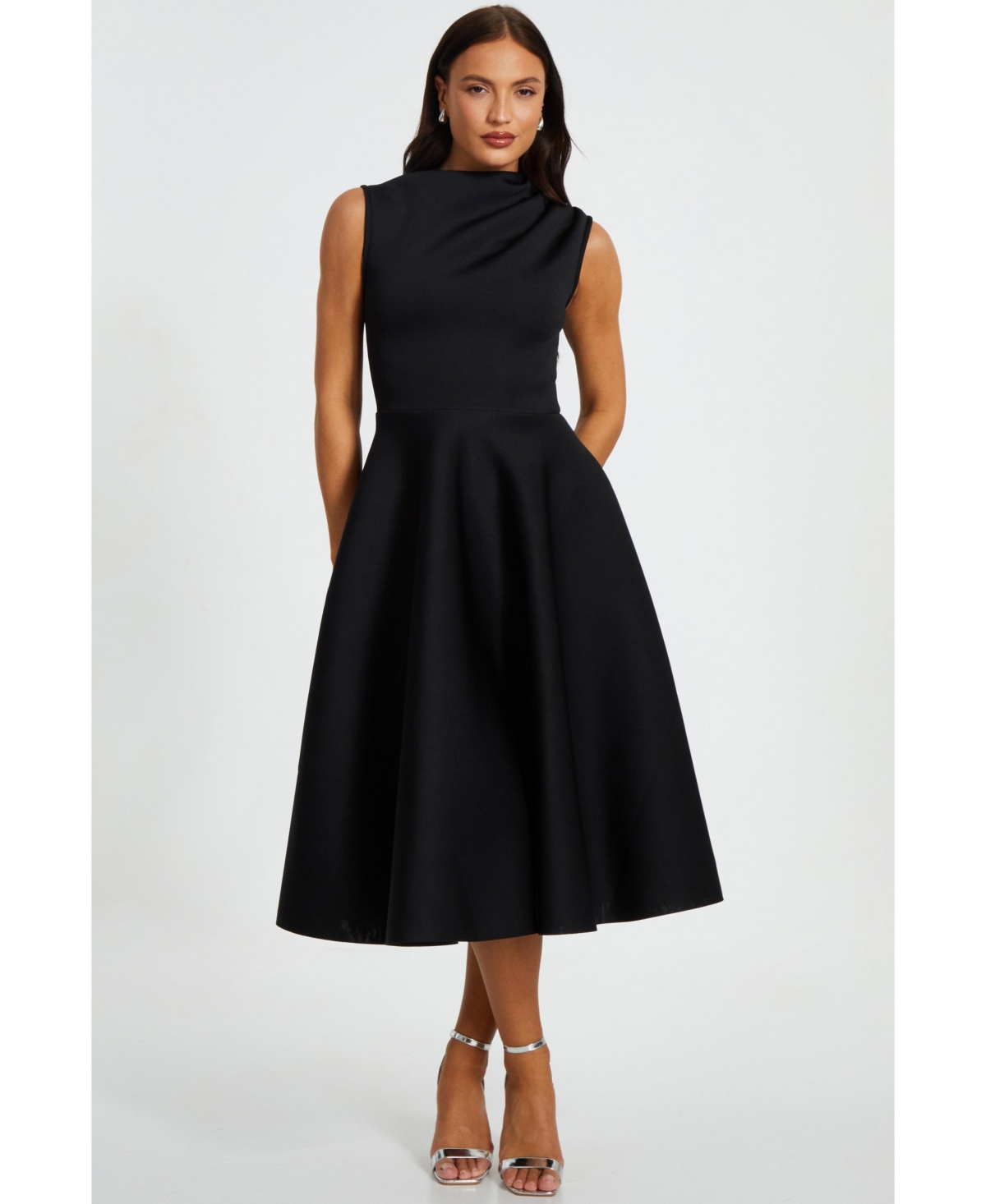 Women's Scuba Foam High Neck Midi Dress - Black
