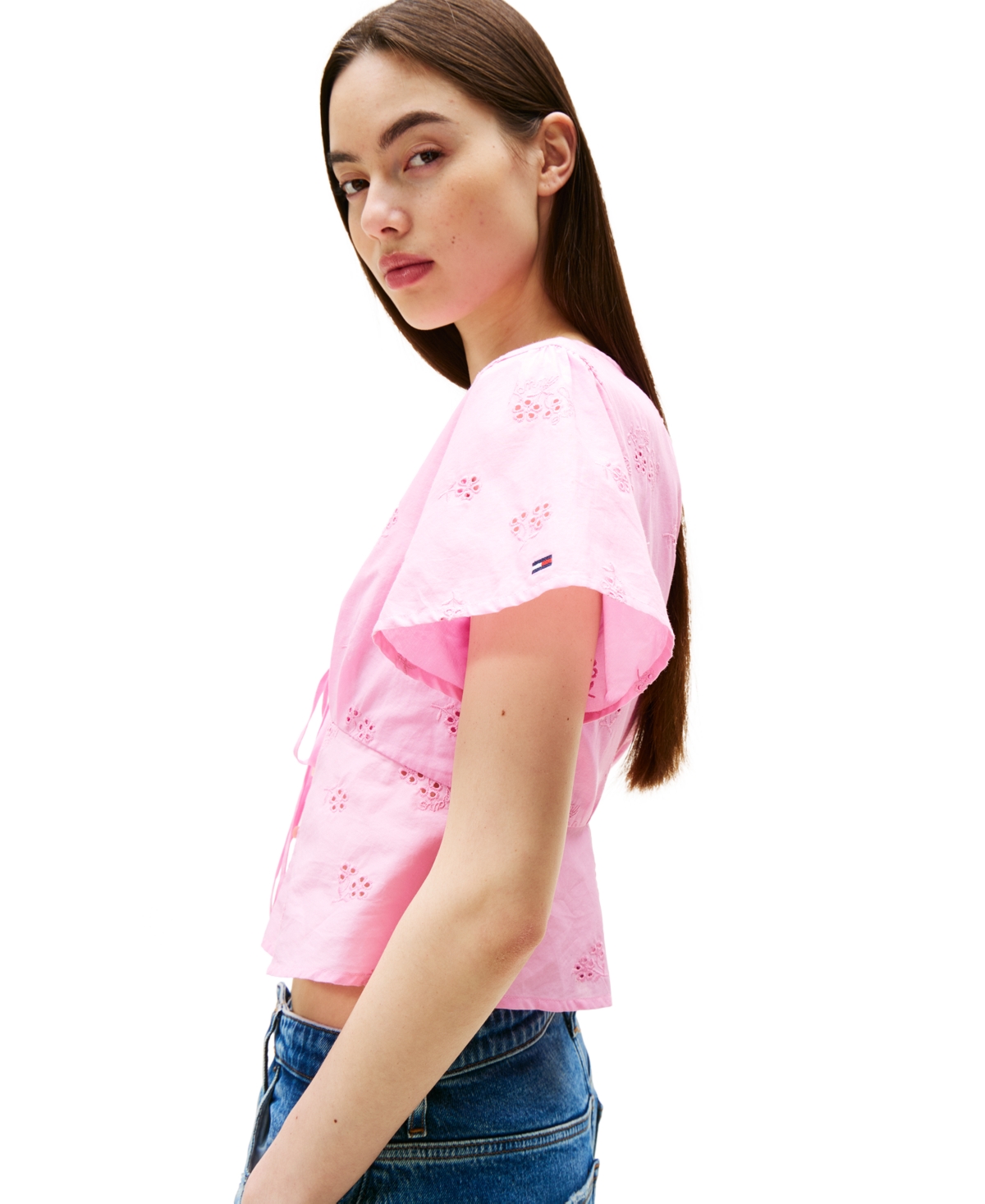 TOMMY JEANS WOMEN'S COTTON EMBROIDERED PLUNGING-NECK BLOUSE 