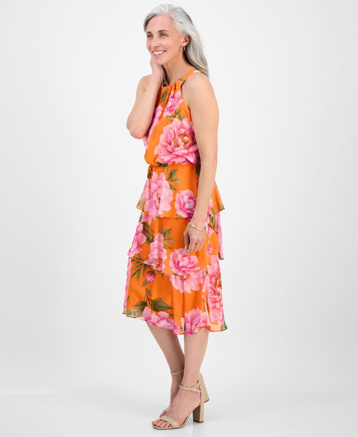 Robbie Bee Petite Tiered Floral-print Halter Midi Dress