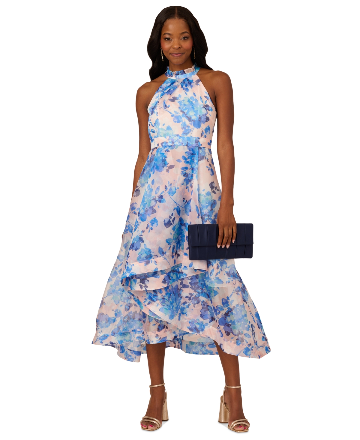 Women's Floral Print Halter High-Low Midi Dress - Blush/Blue