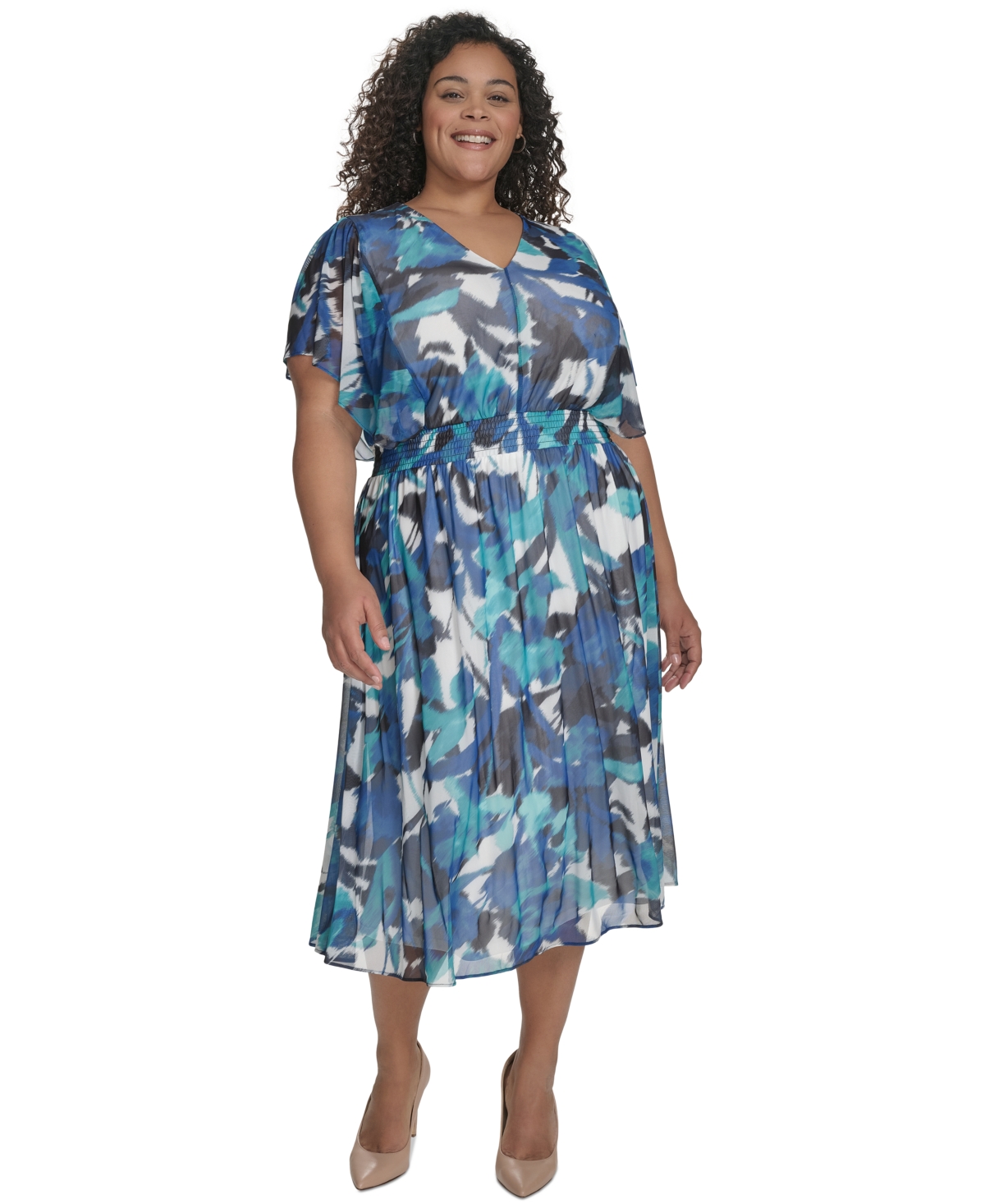 DKNY PLUS SIZE PRINTED FLUTTER-SLEEVE MIDI DRESS 