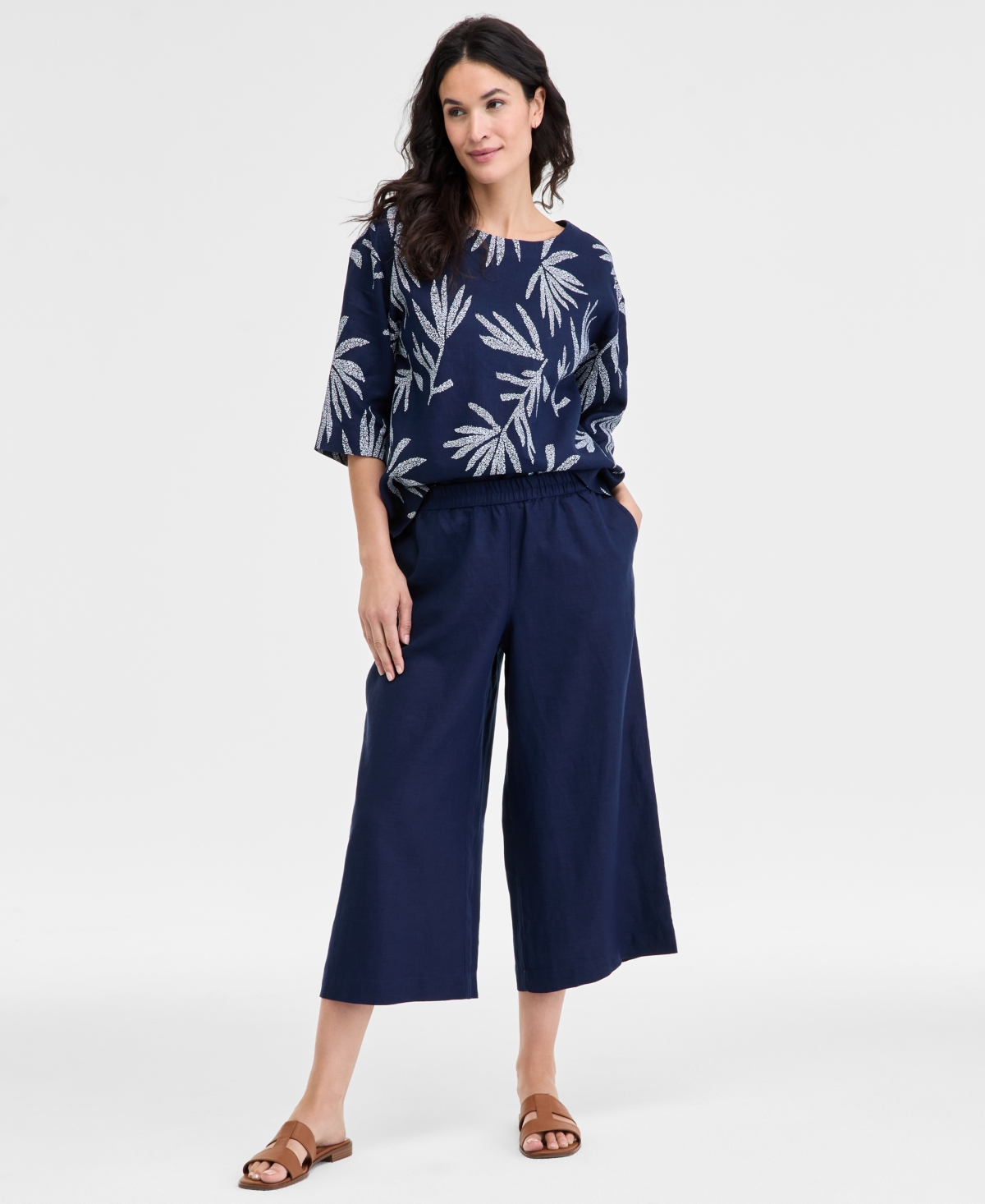 Charter Club Petite High Rise Cropped Wide-leg Linen Pants, Exclusively At Macy's