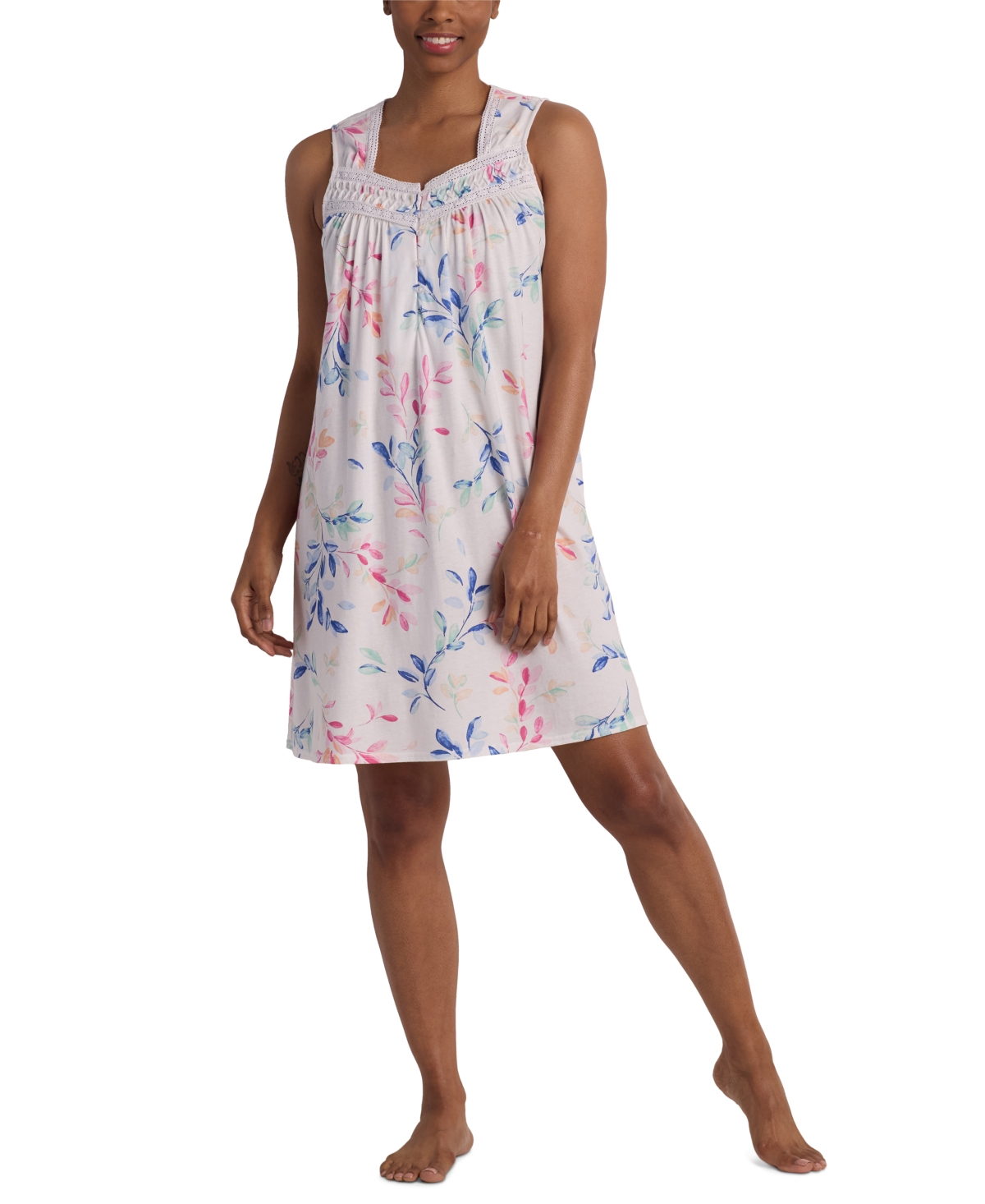 Women's Sleeveless Printed Nightgown - Watercolor Leaves