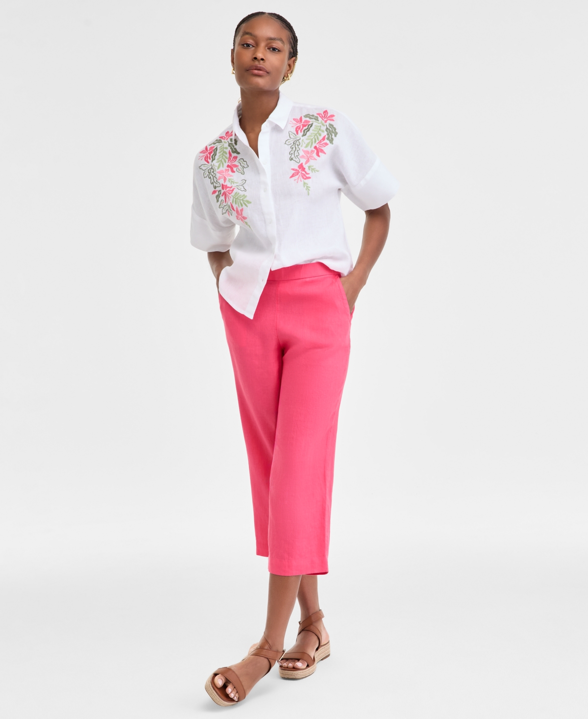 CHARTER CLUB WOMEN'S EMBROIDERED 100% LINEN SHIRT, EXCLUSIVELY AT MACY'S 