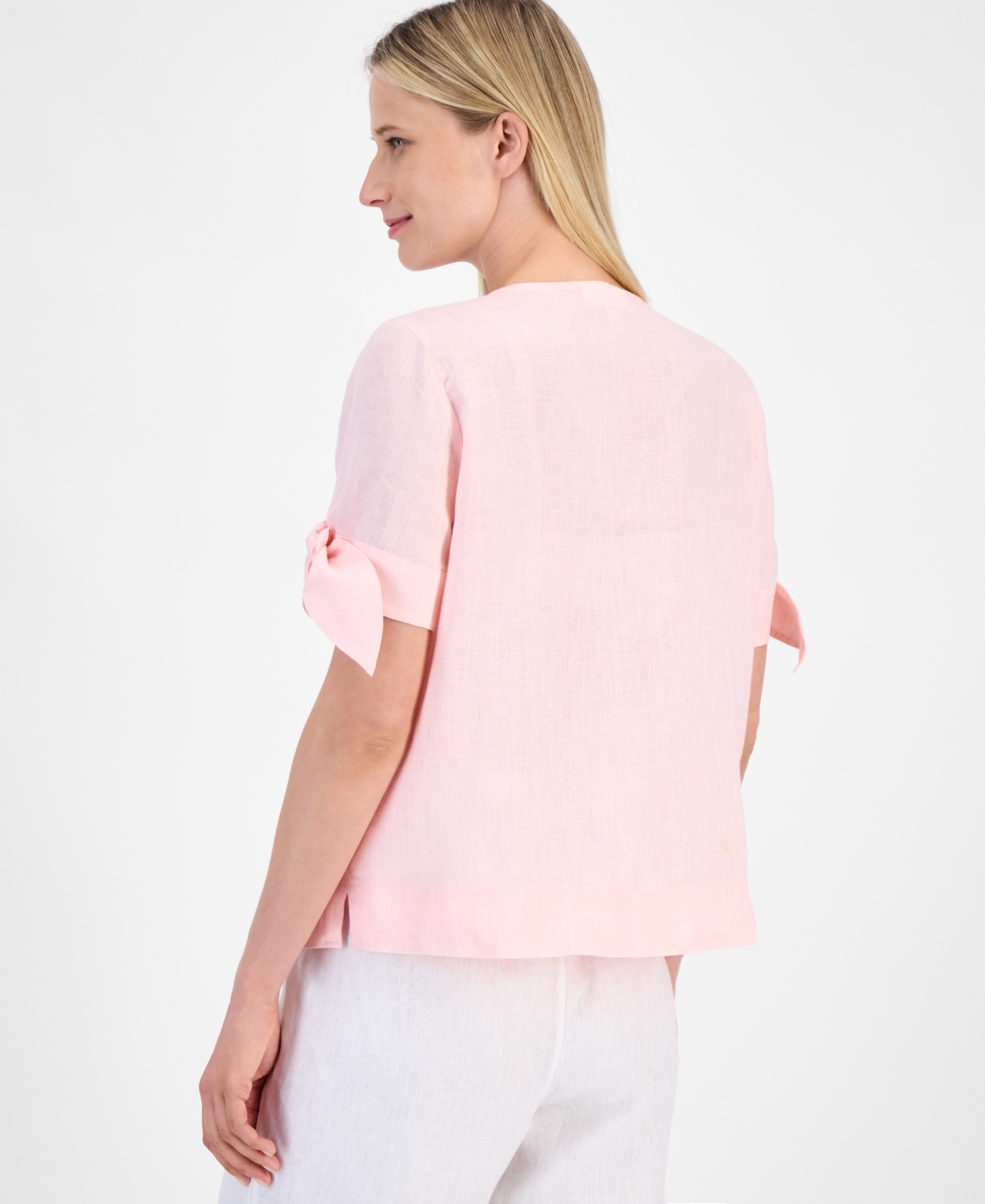 CHARTER CLUB WOMEN'S 100% LINEN SPLIT-NECK TIE-CUFF TOP, CREATED FOR MACY'S 