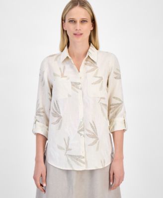 Charter Club - Women's Palm-Print Linen Shirt
