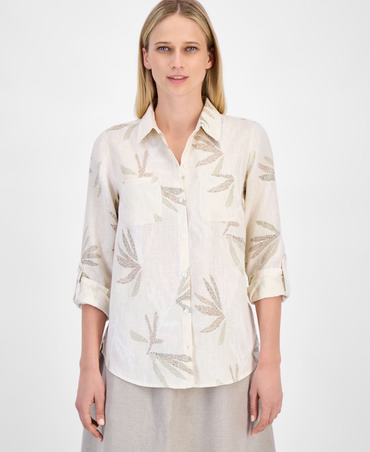 Women's Palm-Print 100% Linen Shirt, Exclusively at Macy's - Neutral Combo