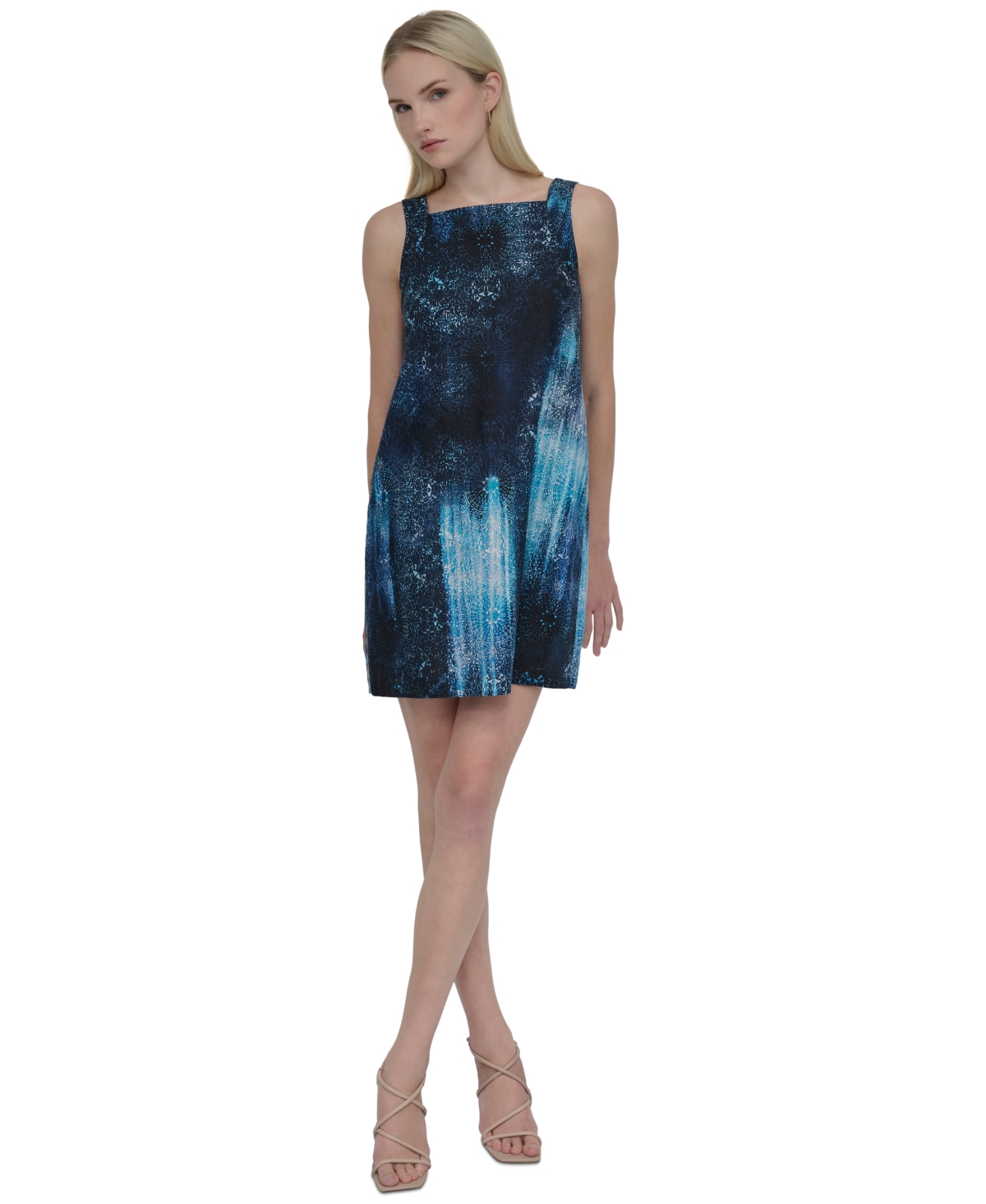DKNY PETITE FADED-PRINT SQUARE-NECK MINI SHIFT DRESS 