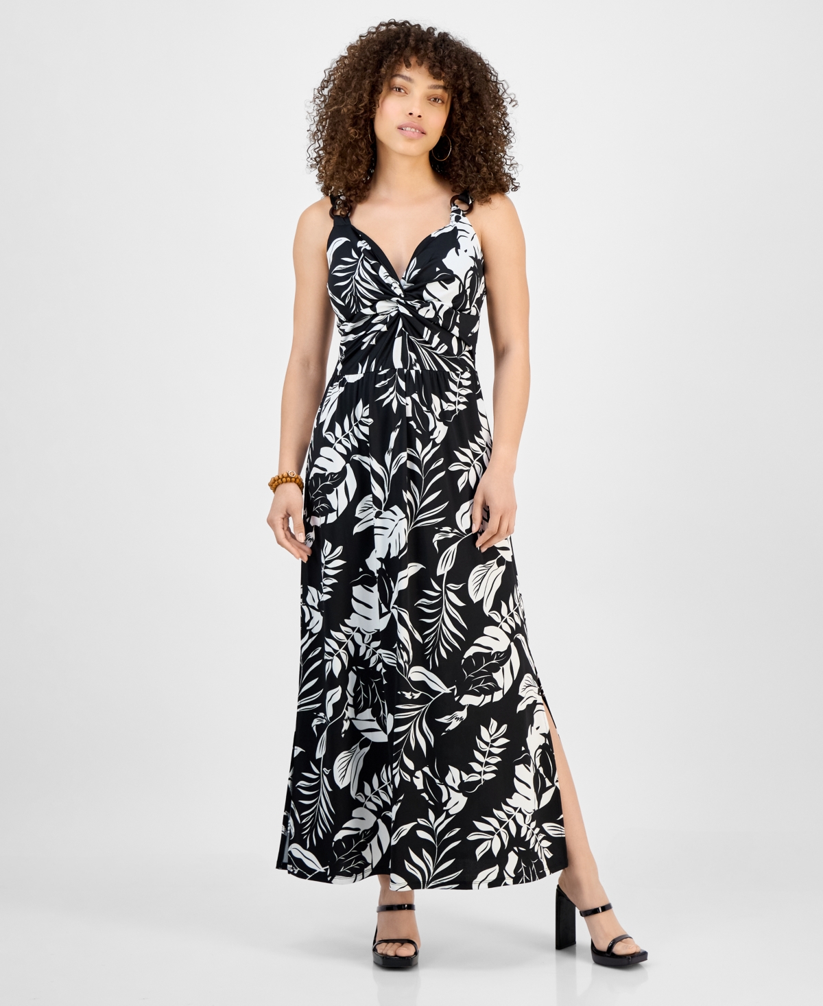 Petite Repeat Wood Ring Sleeveless Maxi Dress - Black Egret Combo