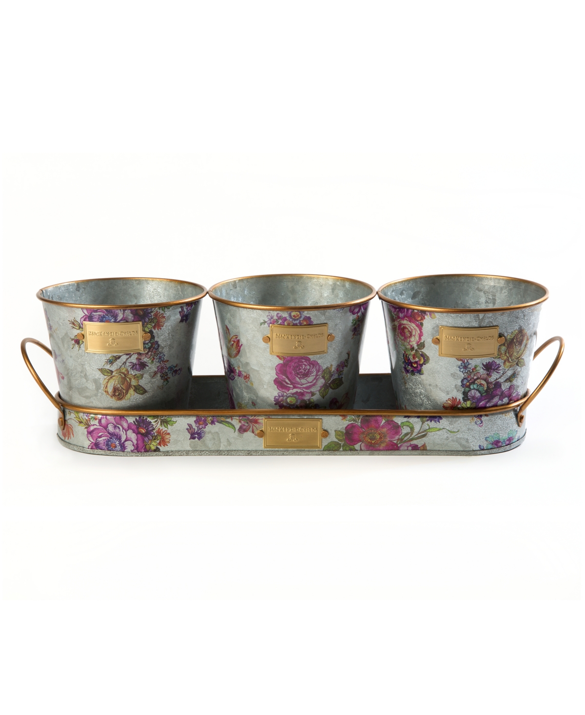 MACKENZIE-CHILDS FLOWER MARKET GALVANIZED HERB POTS WITH TRAY, SET OF 3 