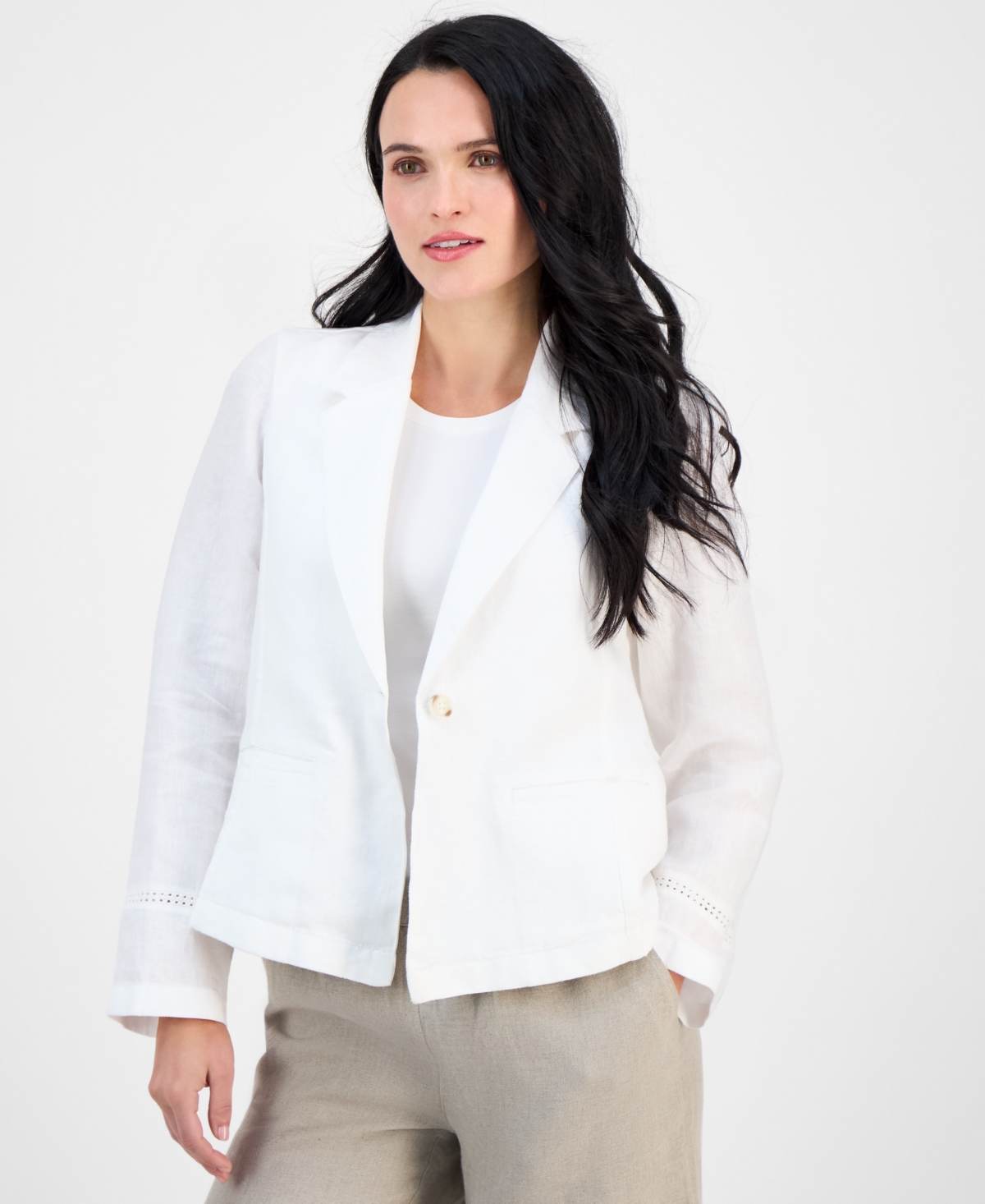 Charter Club Petite Woven Linen Crocheted Blazer, Exclusively At Macy's