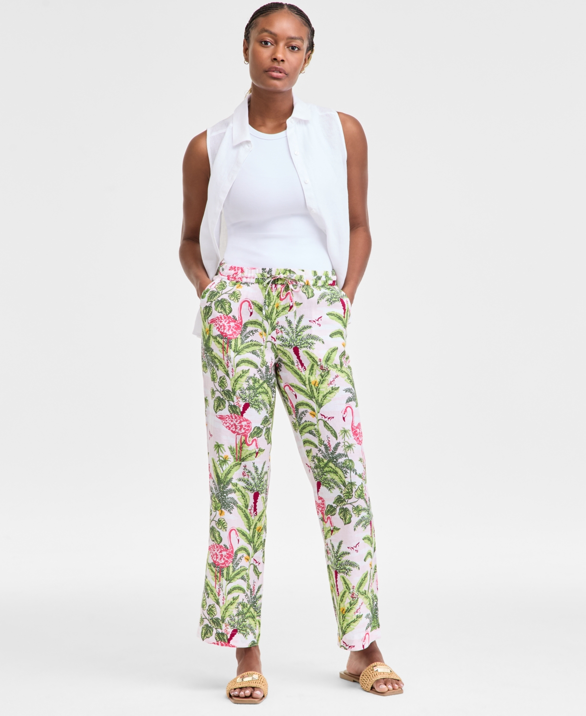 CHARTER CLUB WOMEN'S 100% LINEN PULL-ON PALM PANTS, EXCLUSIVELY AT MACY'S 