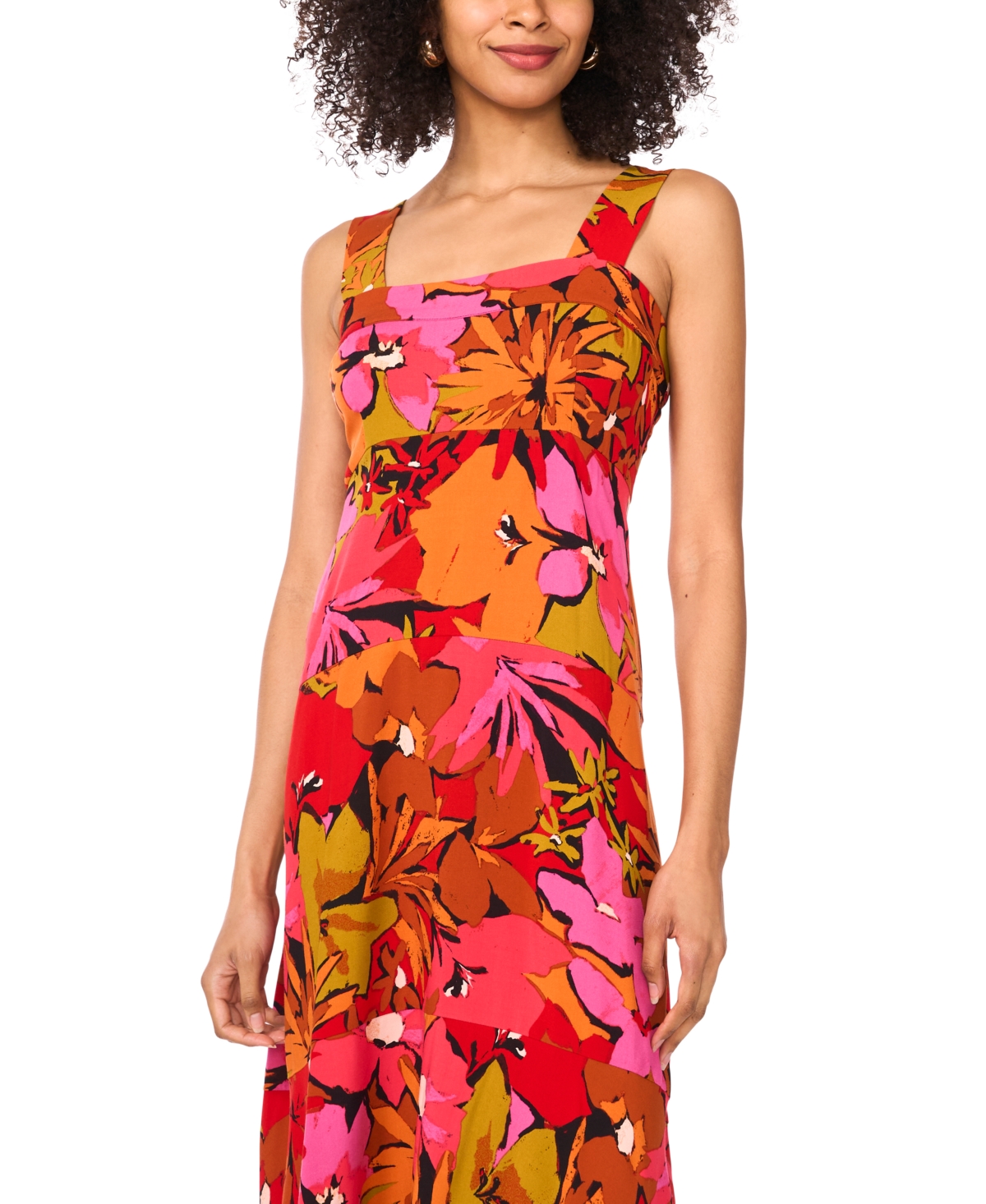 Shop Vince Camuto Women's Floral Square-neck Smocked-back Sleeveless Maxi Dress In Rich Black