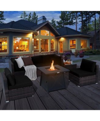7PCS Rattan Patio Sectional Furniture Set w/ 30'' Fire Pit Table & Cushion