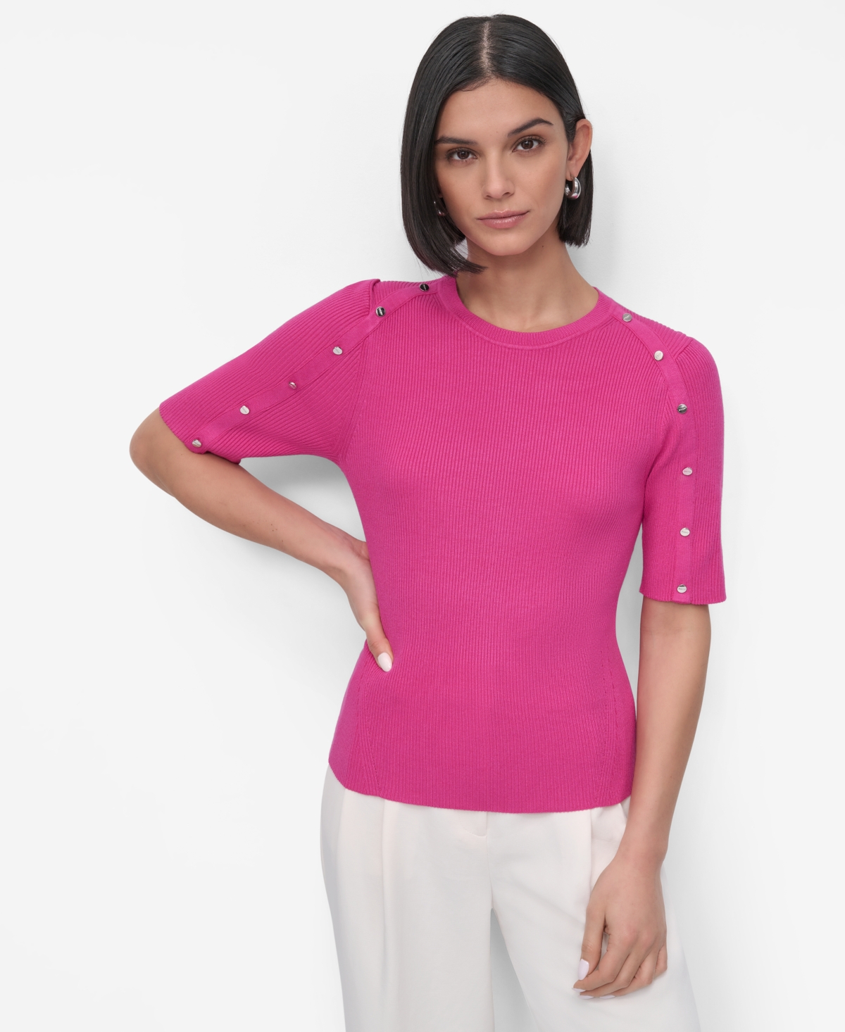 Women's Button-Shoulder Elbow-Sleeve Sweater - Vivid Pink