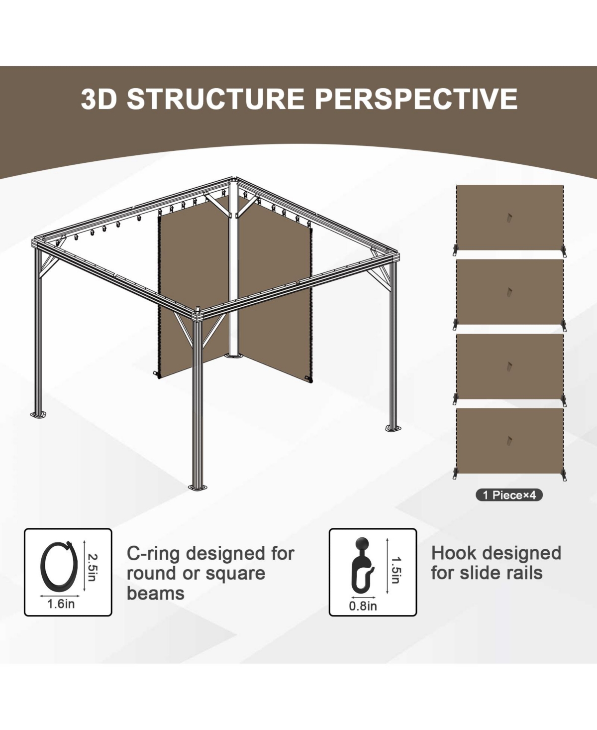 Aoodor Gazebo Curtain 10' x 12' Replacement Universal 4 Panel Sidewalls (Only Curtain)