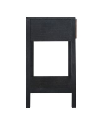 Mango Wood Side Table – Rattan Drawer & Open Shelf Storage