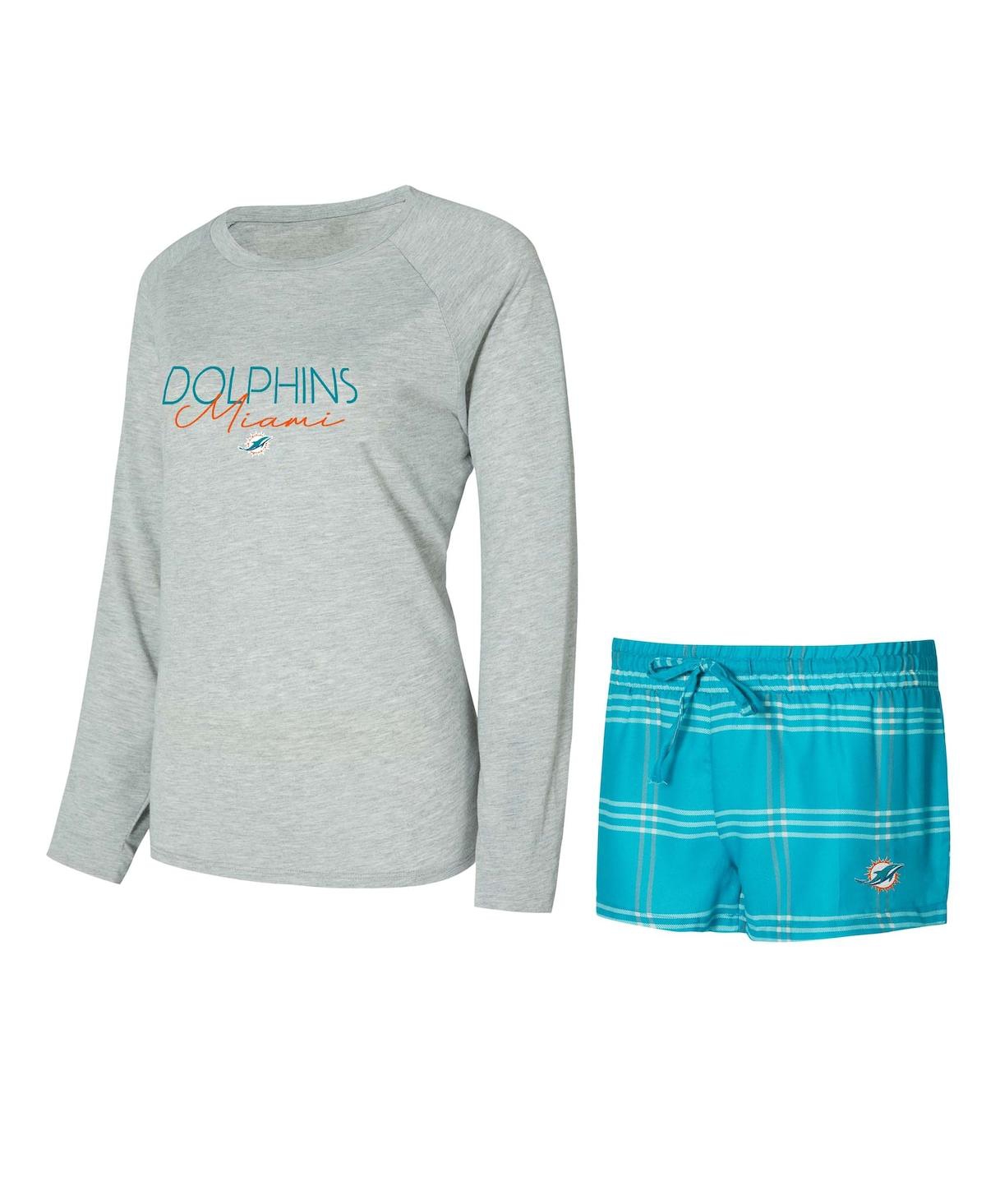 Concepts Sport Women's Aqua/Gray Miami Dolphins Petition Raglan Long Sleeve T-Shirt and Shorts Set - Aqua, Gray
