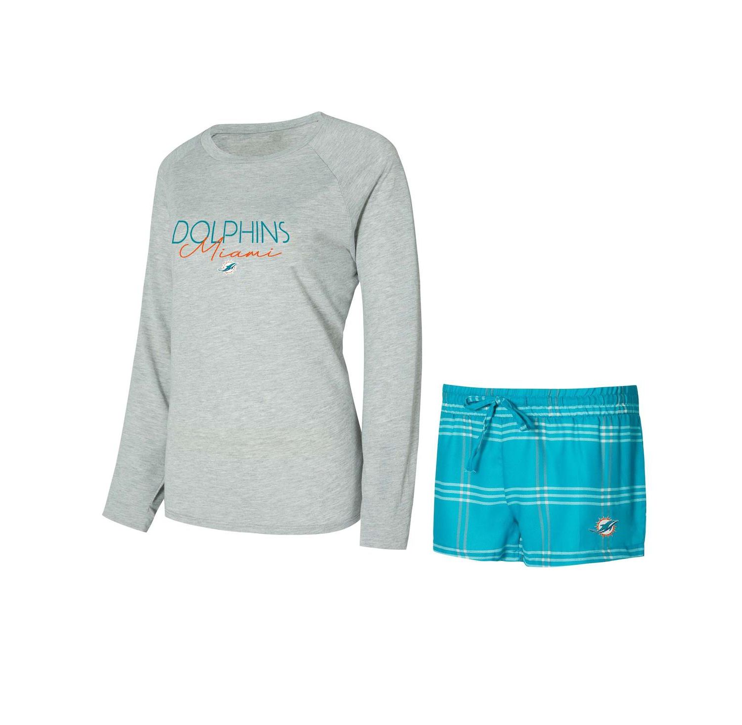 Women's Aqua/Gray Miami Dolphins Petition Raglan Long Sleeve T-Shirt and Shorts Set